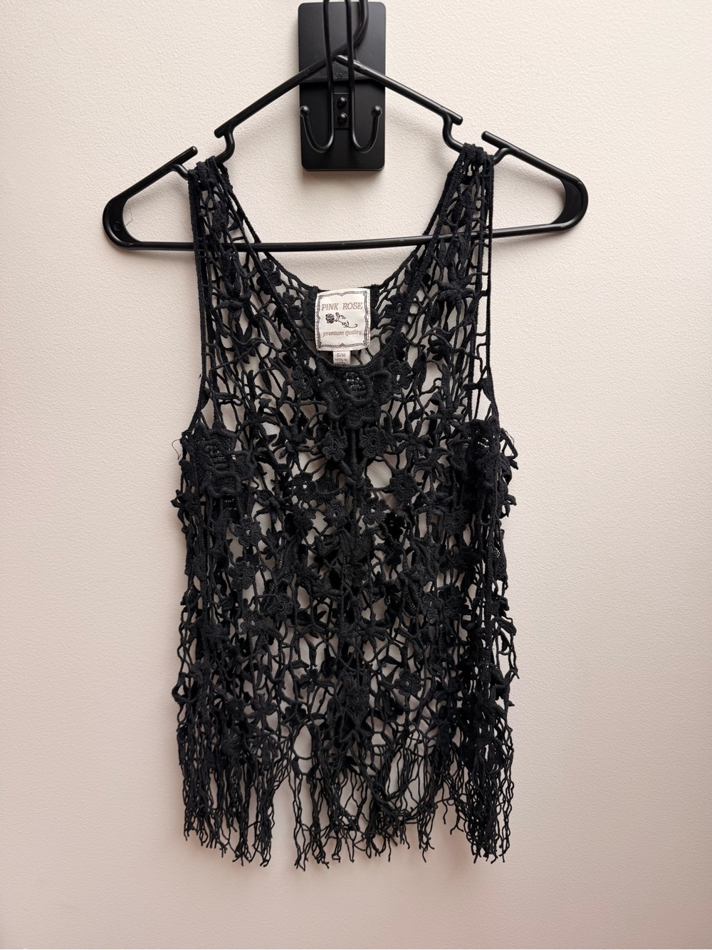Pink Rose Black Crochet Fringe Tank Top S/M Boho Whimsigoth Softgoth